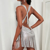 Metallic Tassel Detail High Slit Sleeveless Chainmail Mini Dress - Silver